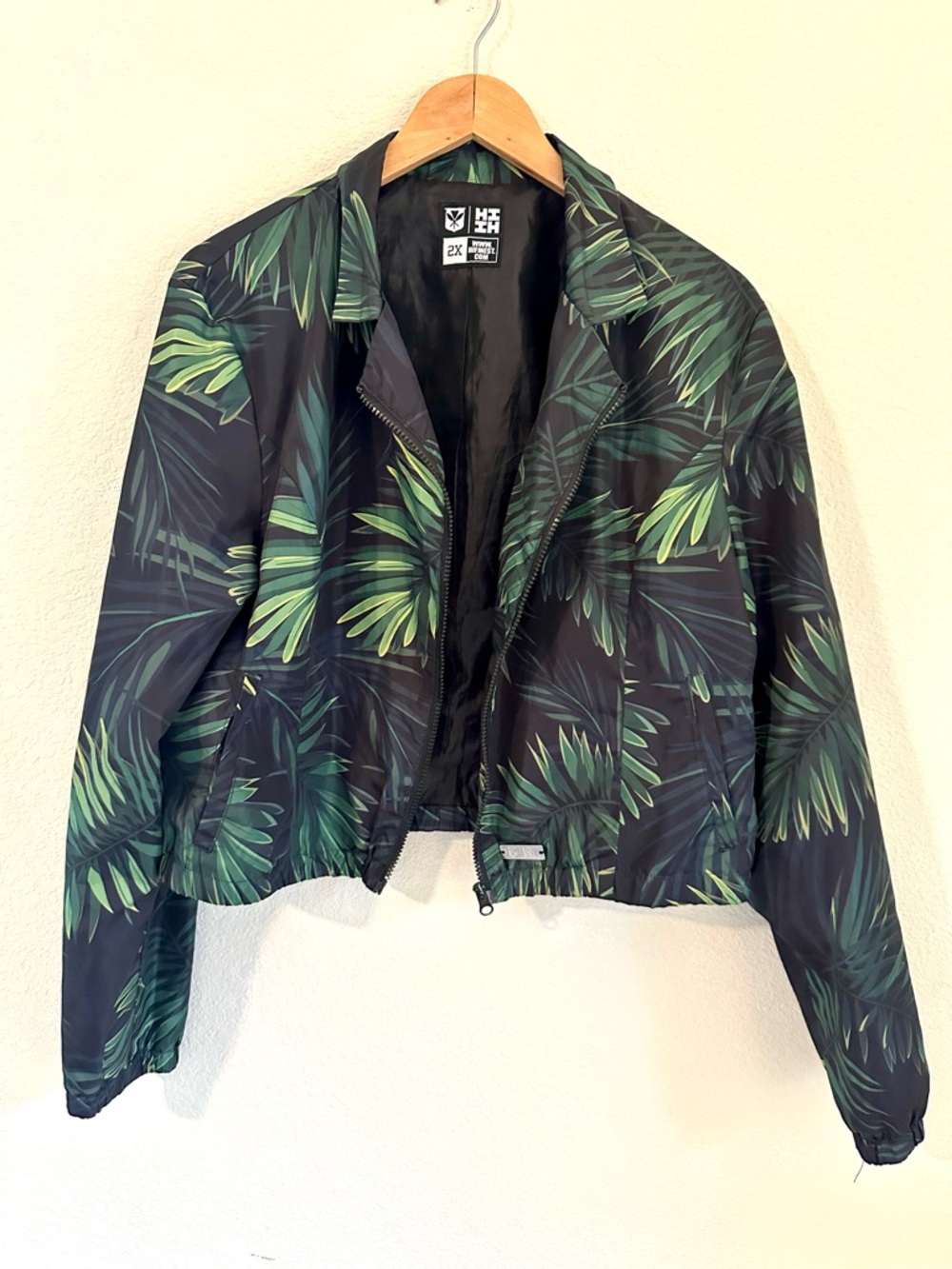 Hawaii's Finest Black Bomber Jacket with Green Palm Print